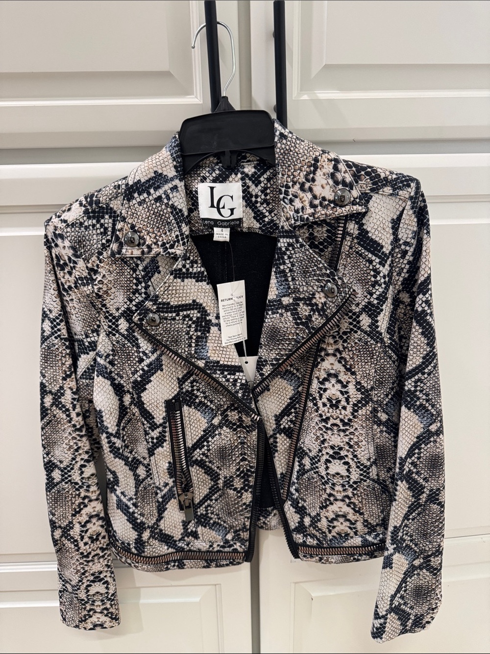 LG Women's Snake-Print Leather Biker Jacket in Neutral Tones